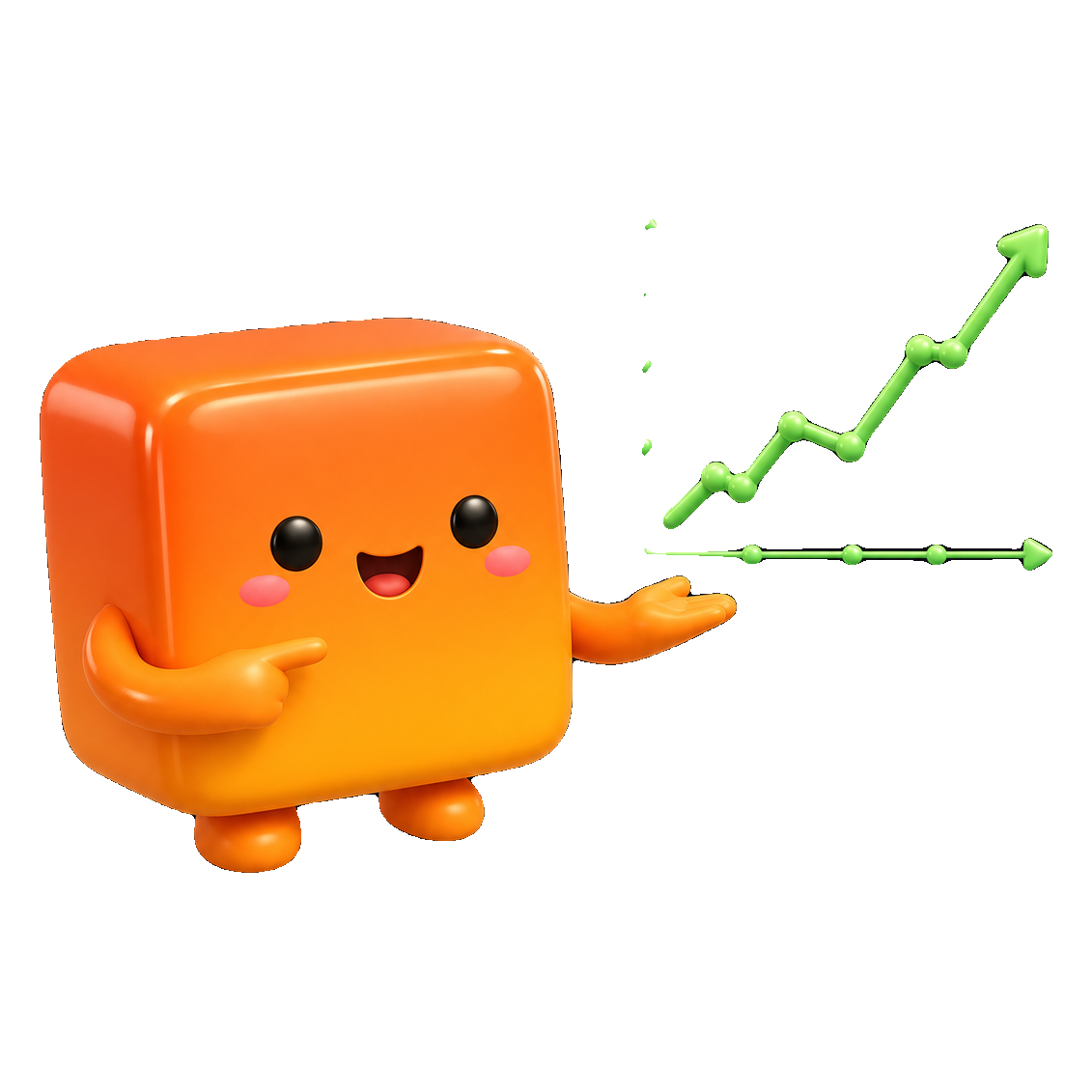Kuby pointing at a rising progress chart