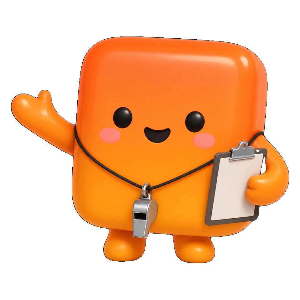 Kuby, your coaching companion, waving with a whistle and clipboard